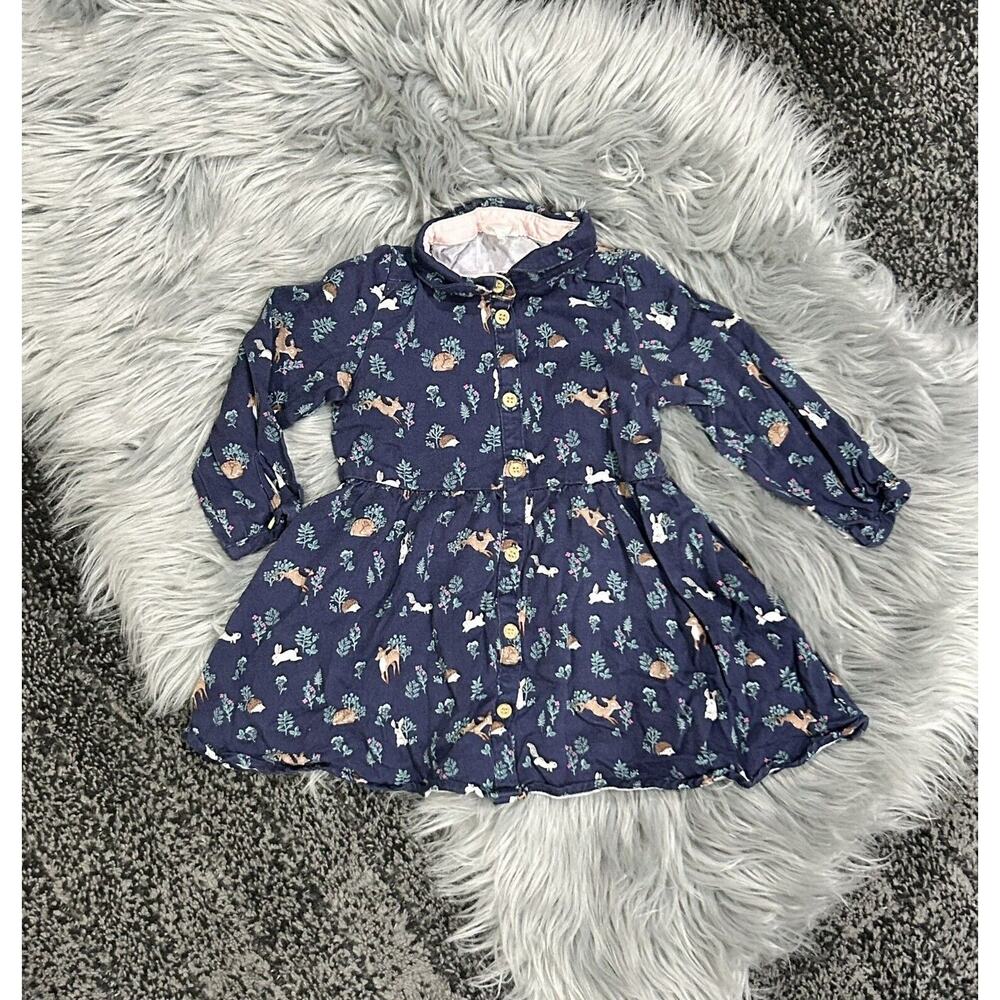 H&M Dark Blue Forest Animals Patterned Shirt Dress 12/18month